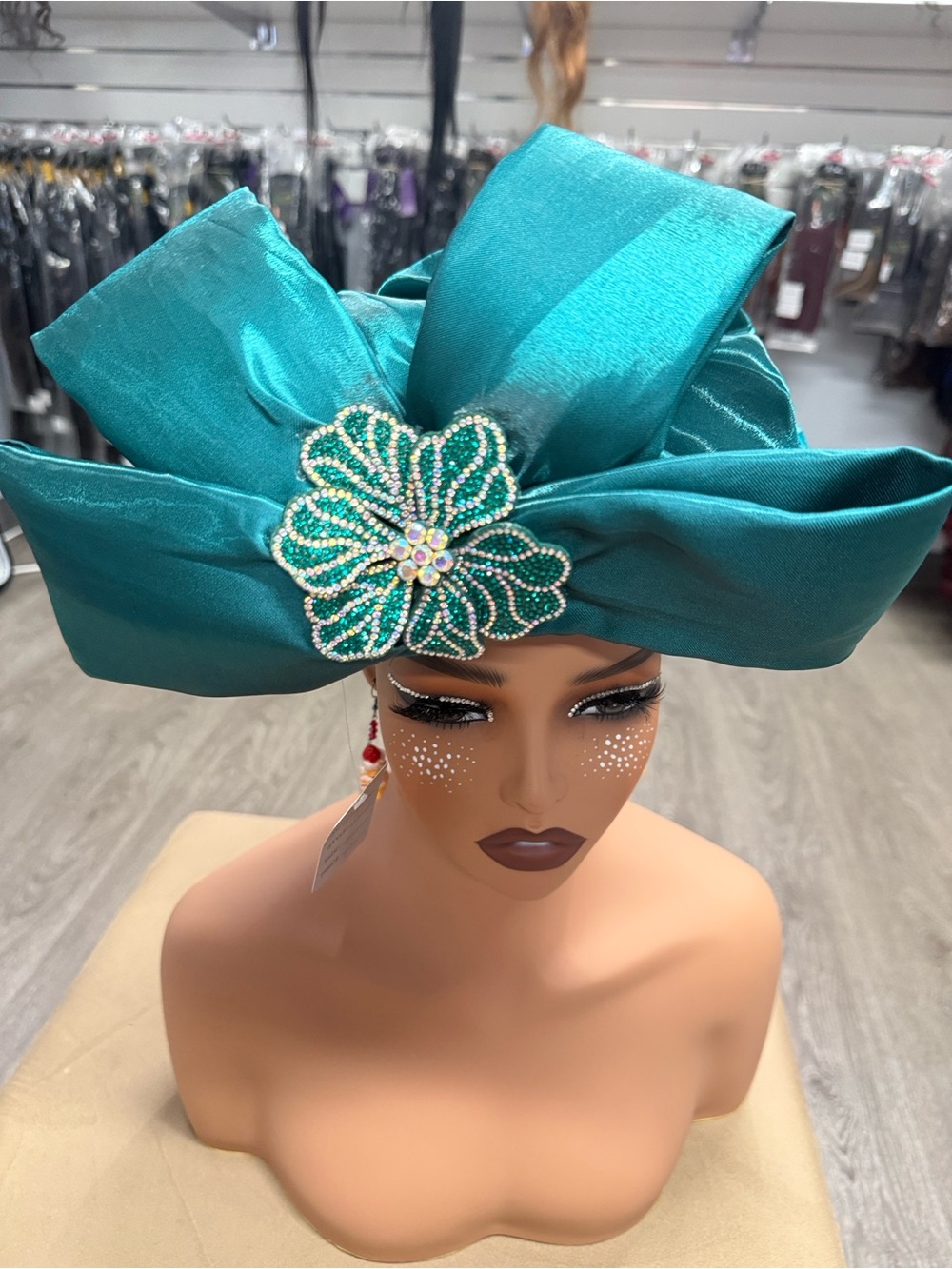 Elegant Teal Satin Headwrap with Beaded Floral Accent